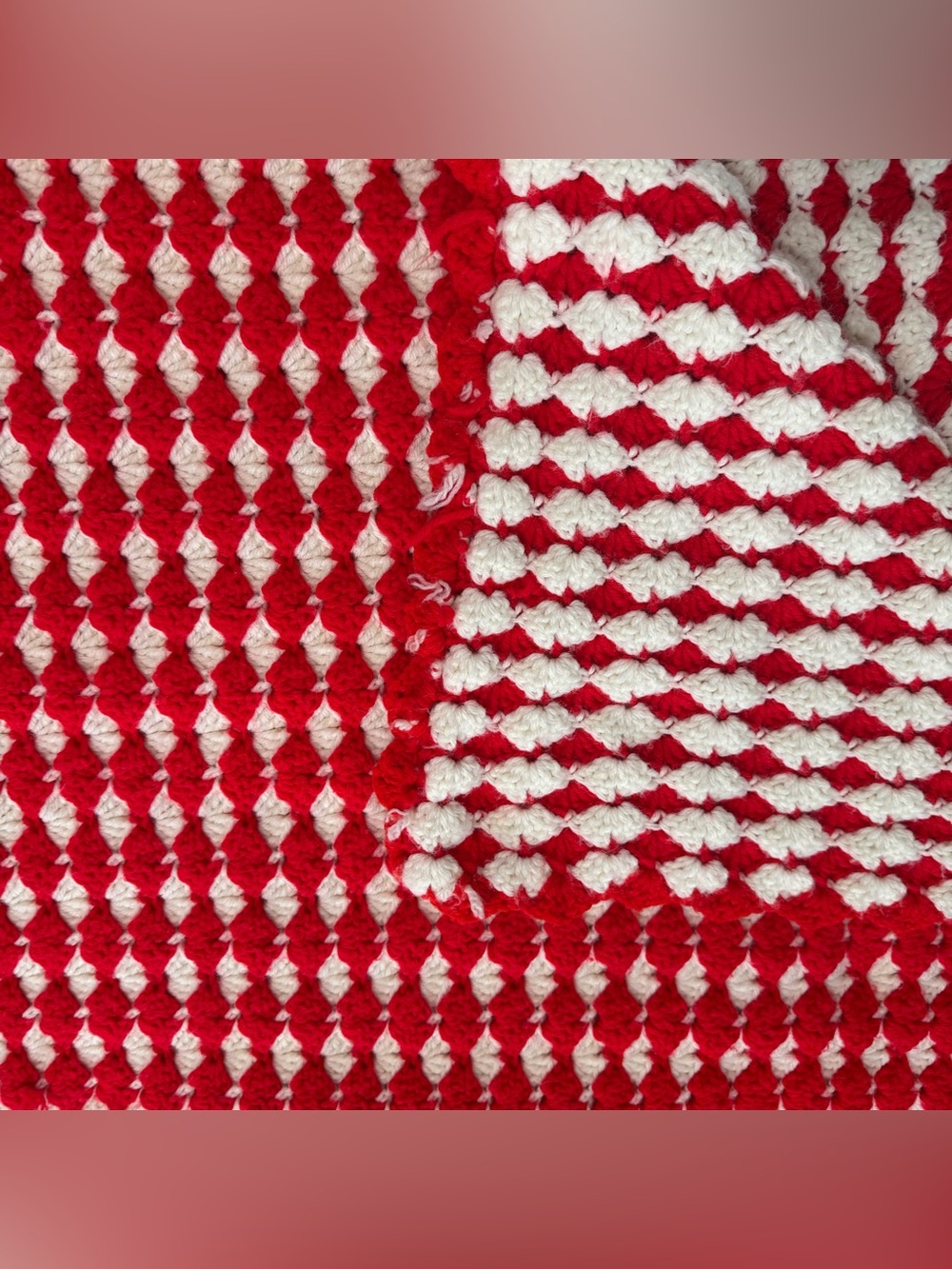 Vintage Handmade Crochet Afghan Blanket 63x50 Red And White Americana Christmas